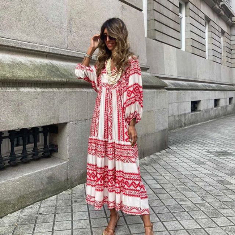 Vintage Printed Bohemian Dress Elegant Ladies Casual Loose